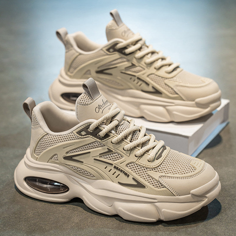 Men's White, Beige and Sage Green Mesh Platform Running Sneakers