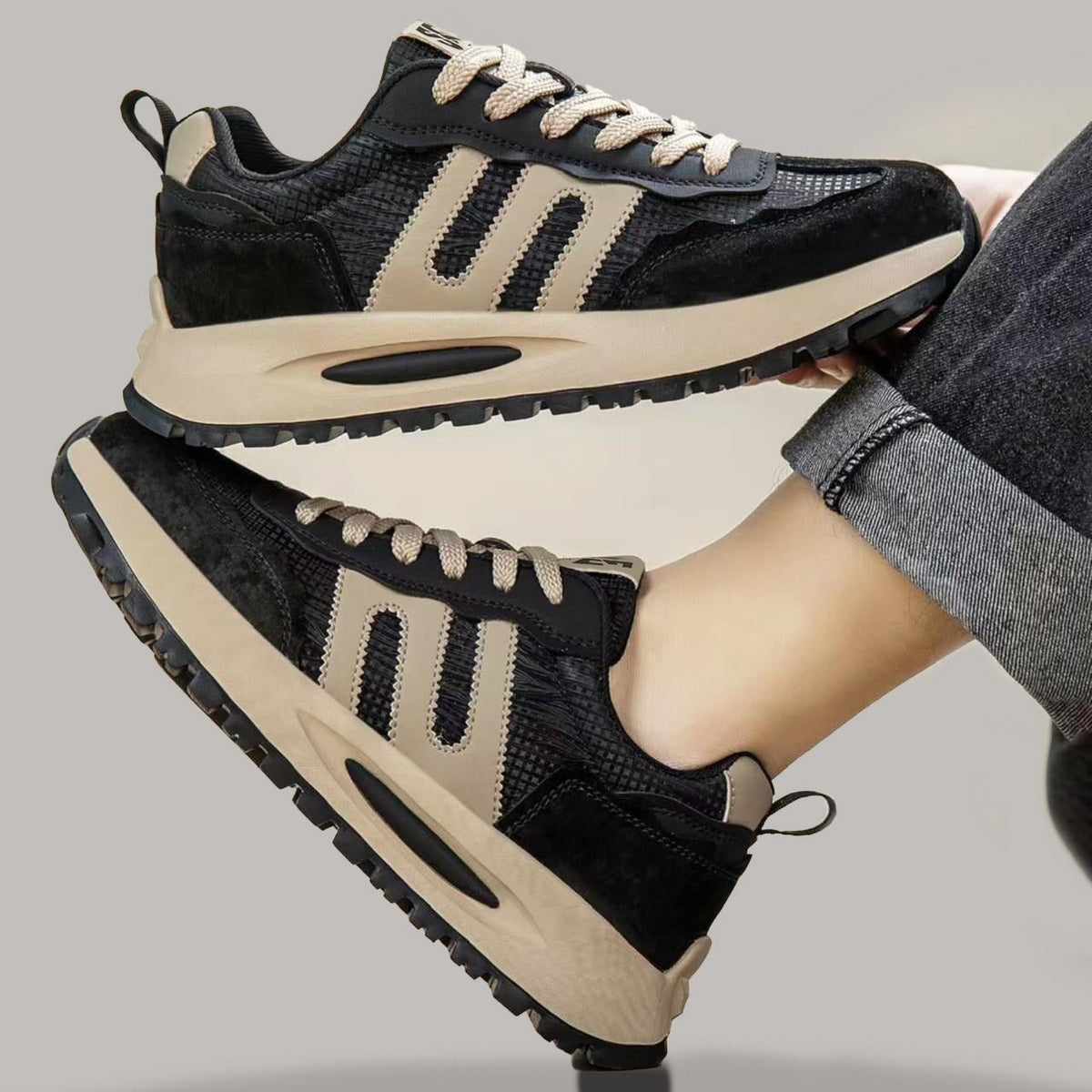 Men's Black and Beige Platform Trainer Sneakers
