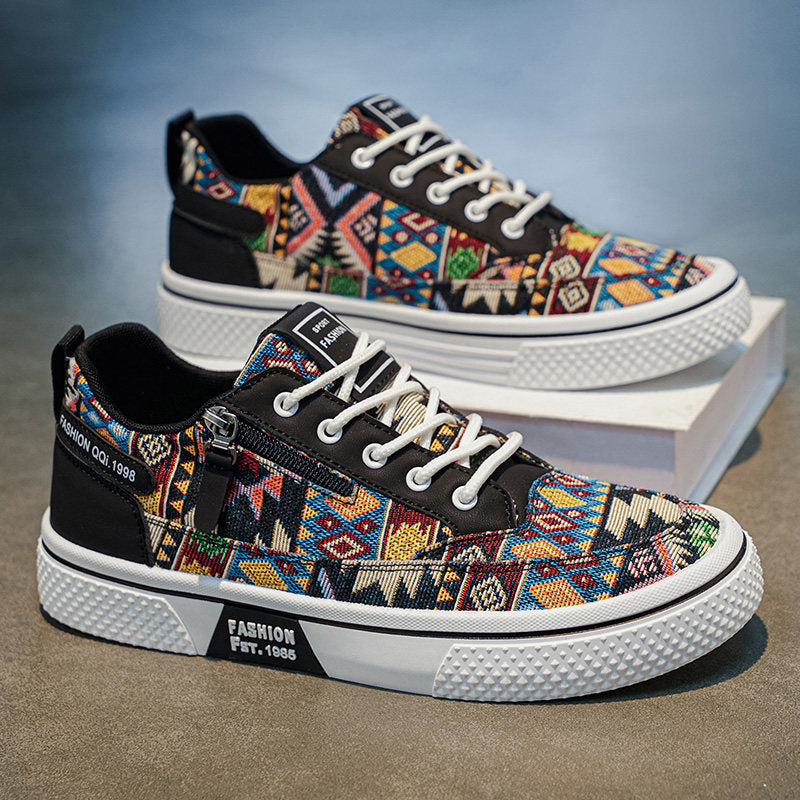 Men's Black Multi-Color Printed Canvas Sneakers