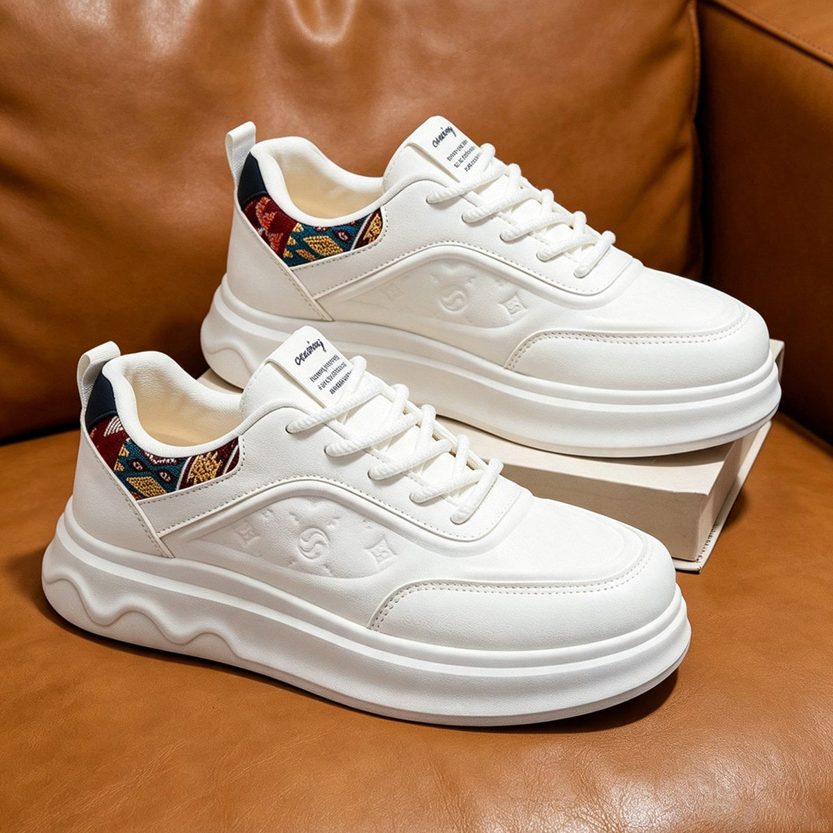 Men's White, Brown and Cream Platform Printed Retro Trainer Sneakers