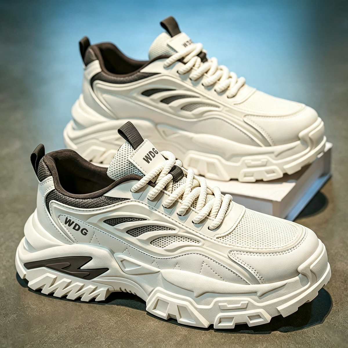 Men's White, Silver and Cream Mesh Platform Running Sneakers