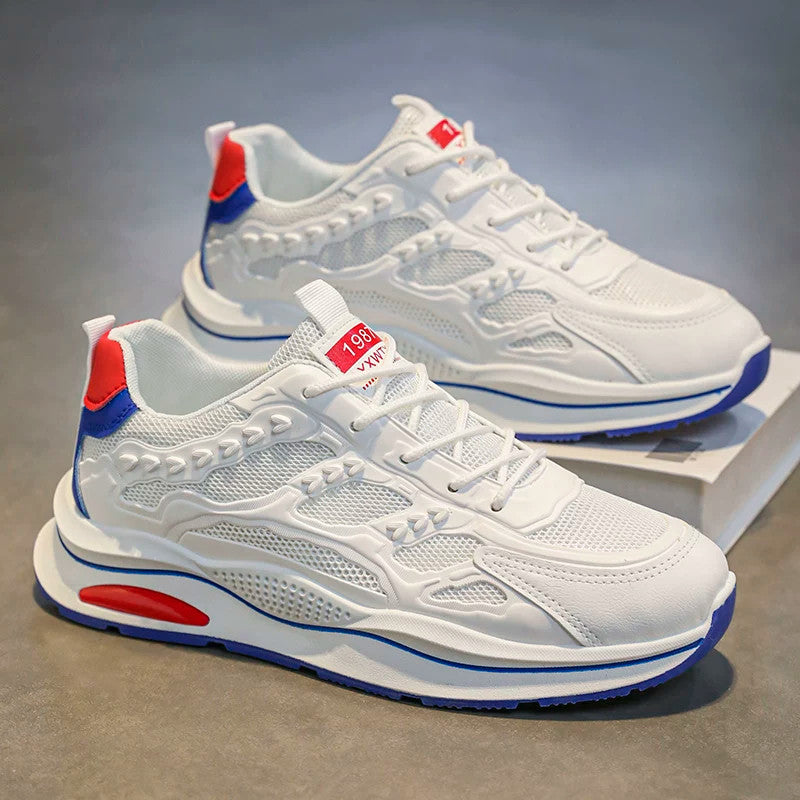 Men's White Red and Blue Mesh Running Sneakers