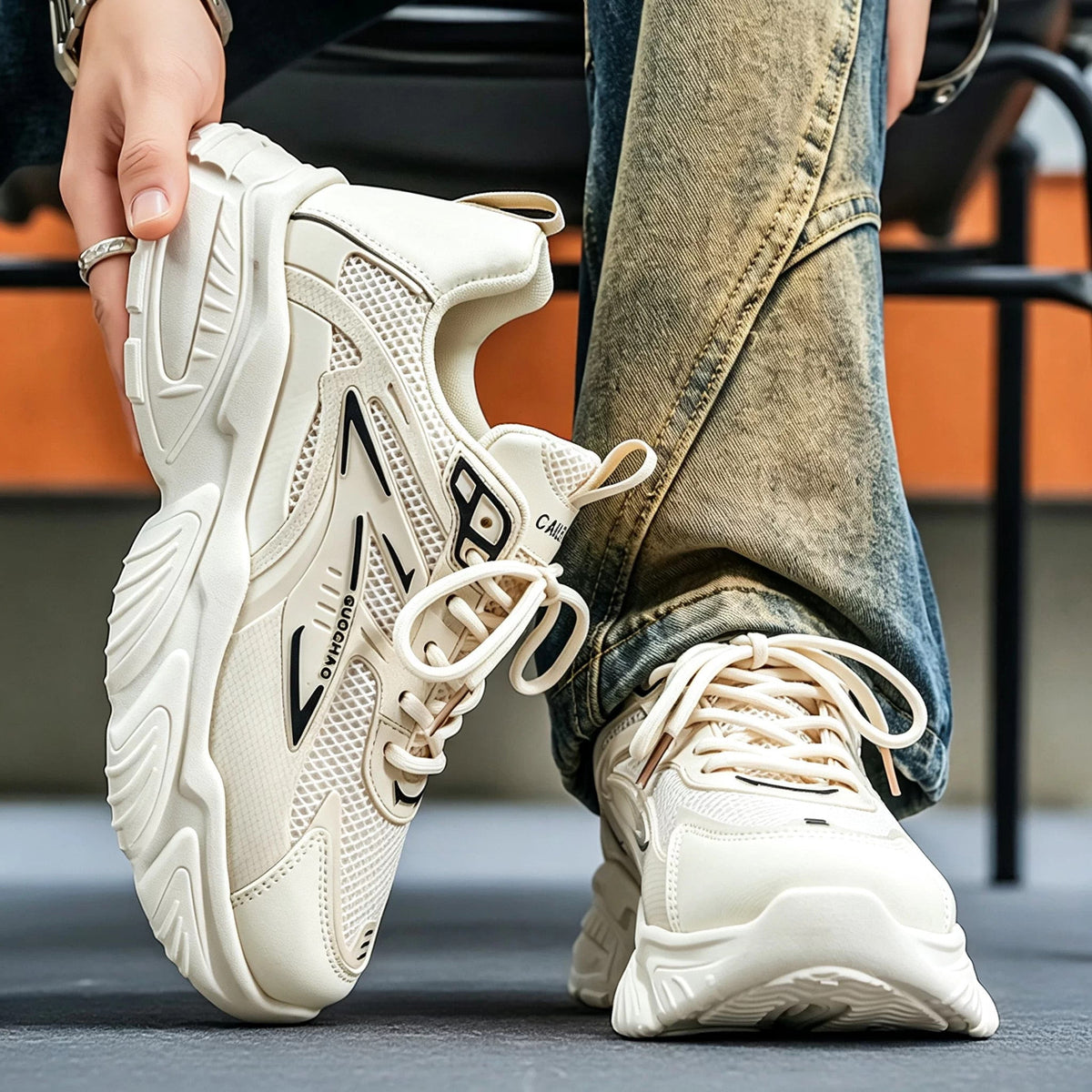 Men's White, Silver and Cream Mesh Platform Running Sneakers