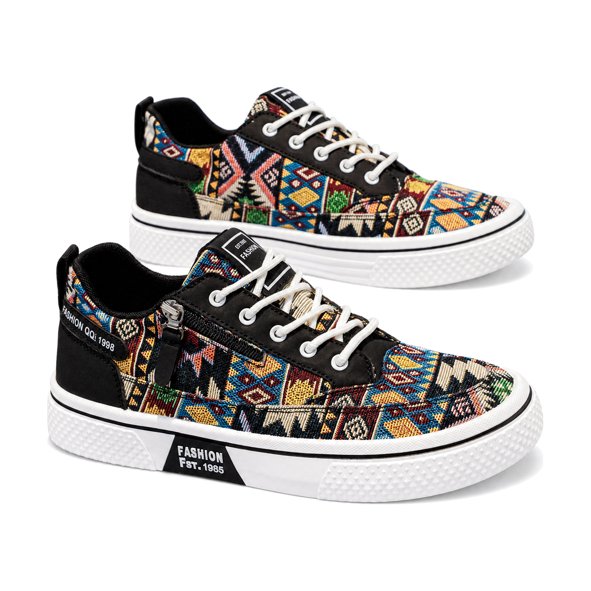 Men's Black Multi-Color Printed Canvas Sneakers