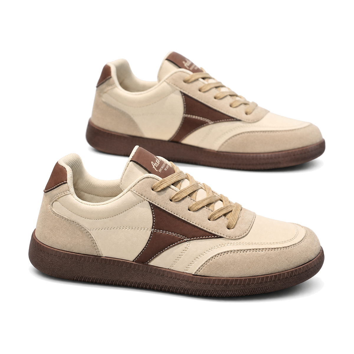 Men's Cream and Brown Retro Trainer Sneakers