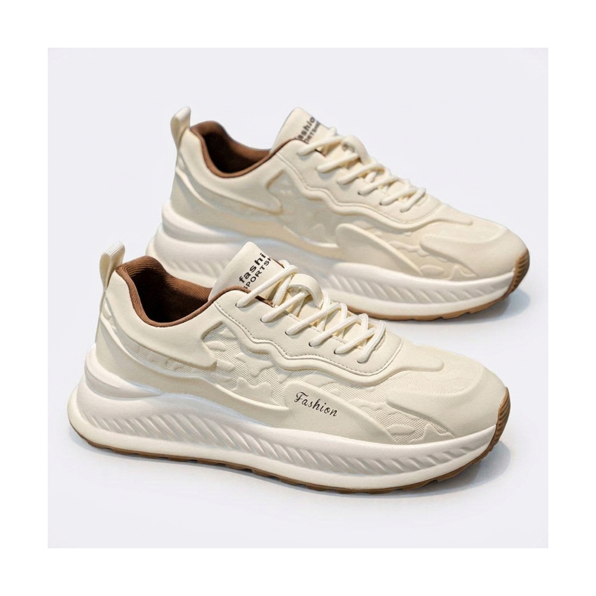 Men's Silver, Cream and Beige Platform Running Sneakers
