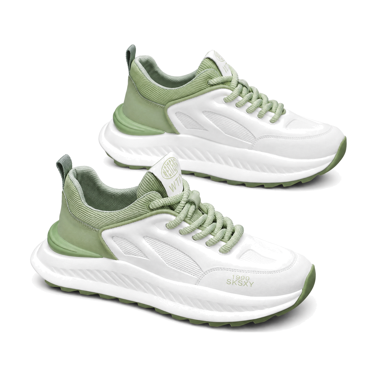 Men's White and Sage Platform Running Sneakers