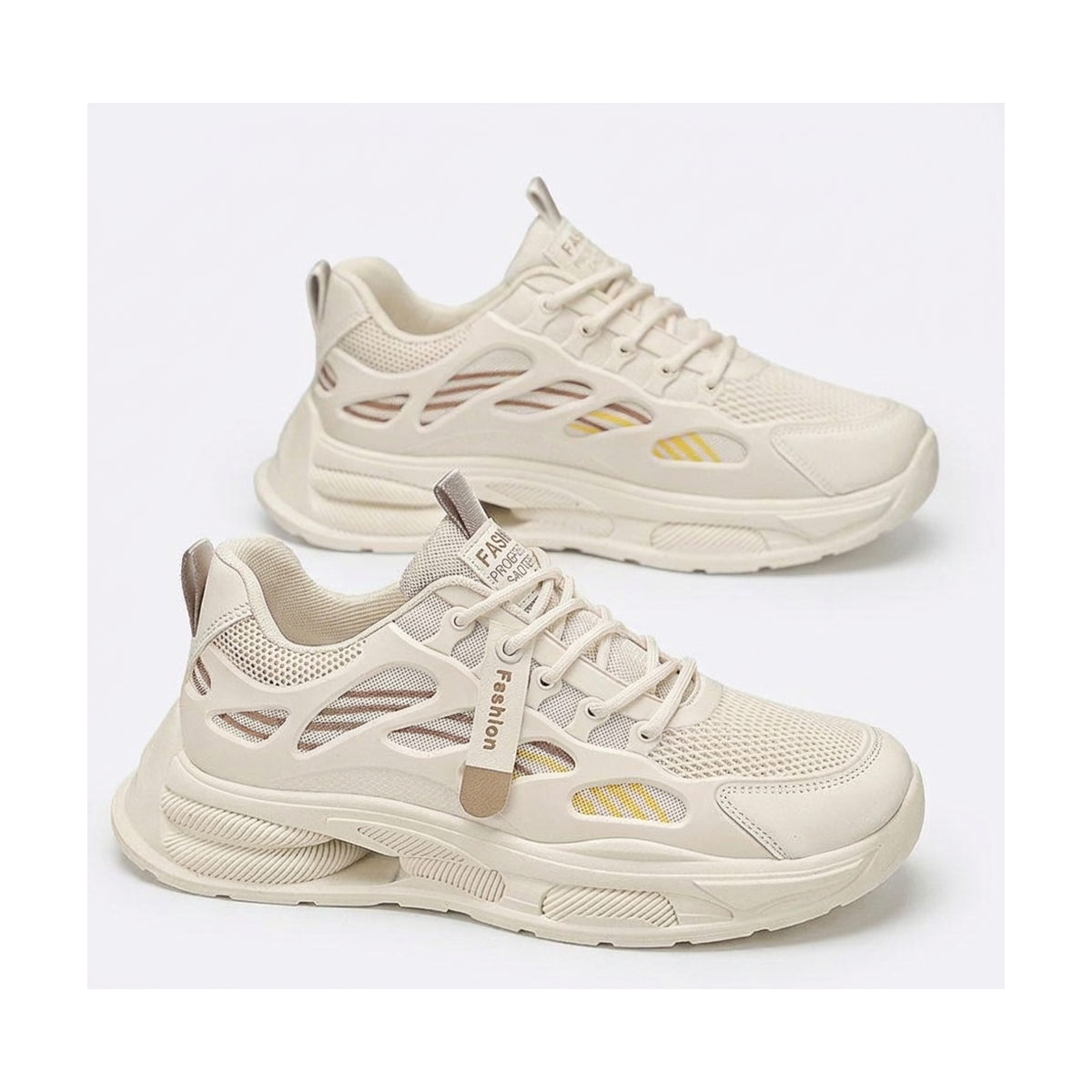 Men's White, Cream and Beige Mesh Platform Running Sneakers