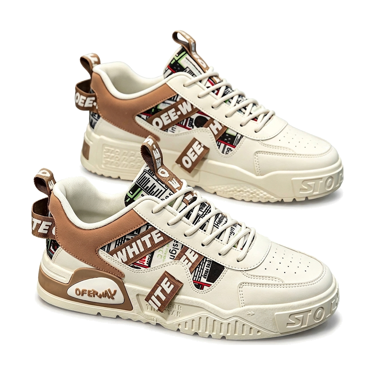 Men's White, Cream and Beige Platform Retro Trainer Sneakers