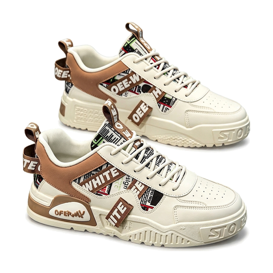 Men's White, Cream and Beige Platform Retro Trainer Sneakers