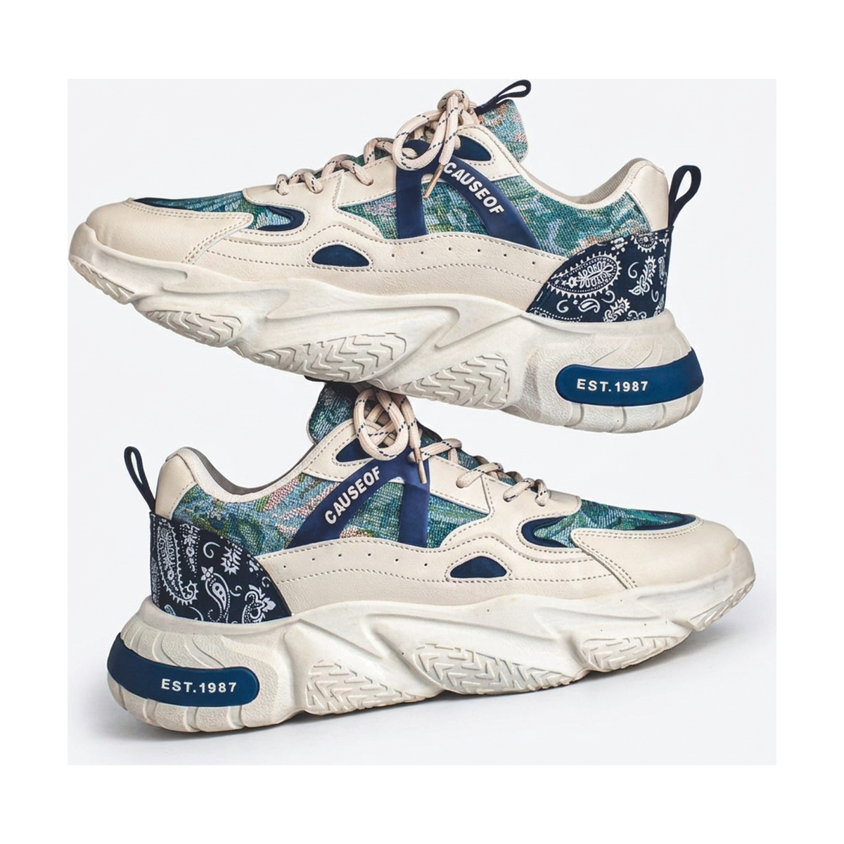 Men's White, Navy and Cream Platform Casual Sneakers