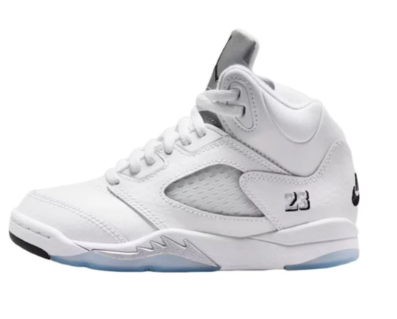 All-white Air Jordan 5 with black 23 heel branding and translucent icy outsole, side view