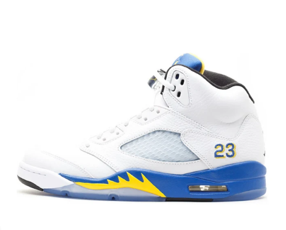 Air Jordan 5 Retro Laney white blue and yellow sneaker side view