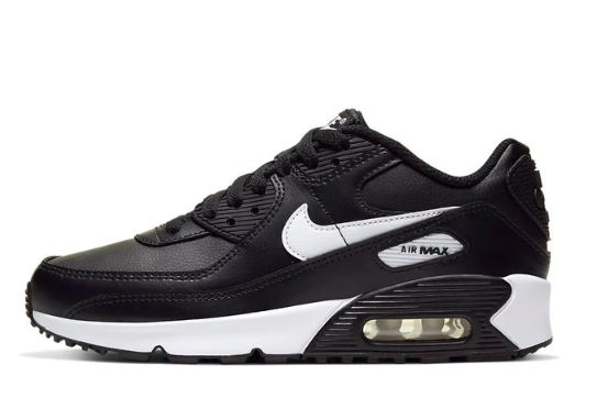 Nike Air Max 90 Black White sneaker side view with visible heel Air cushioning
